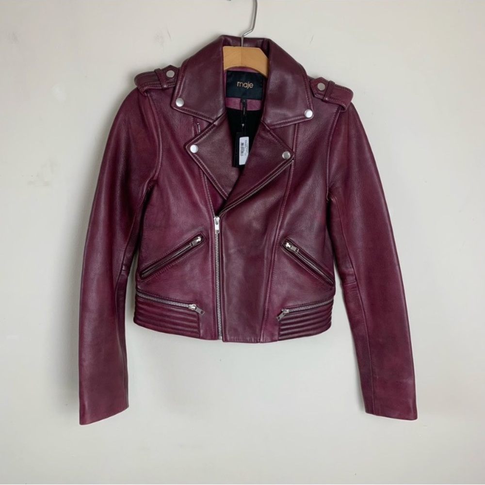 Maje Basalt Lamb Leather Bordeaux Moto Women's Jacket Burgandy NWT